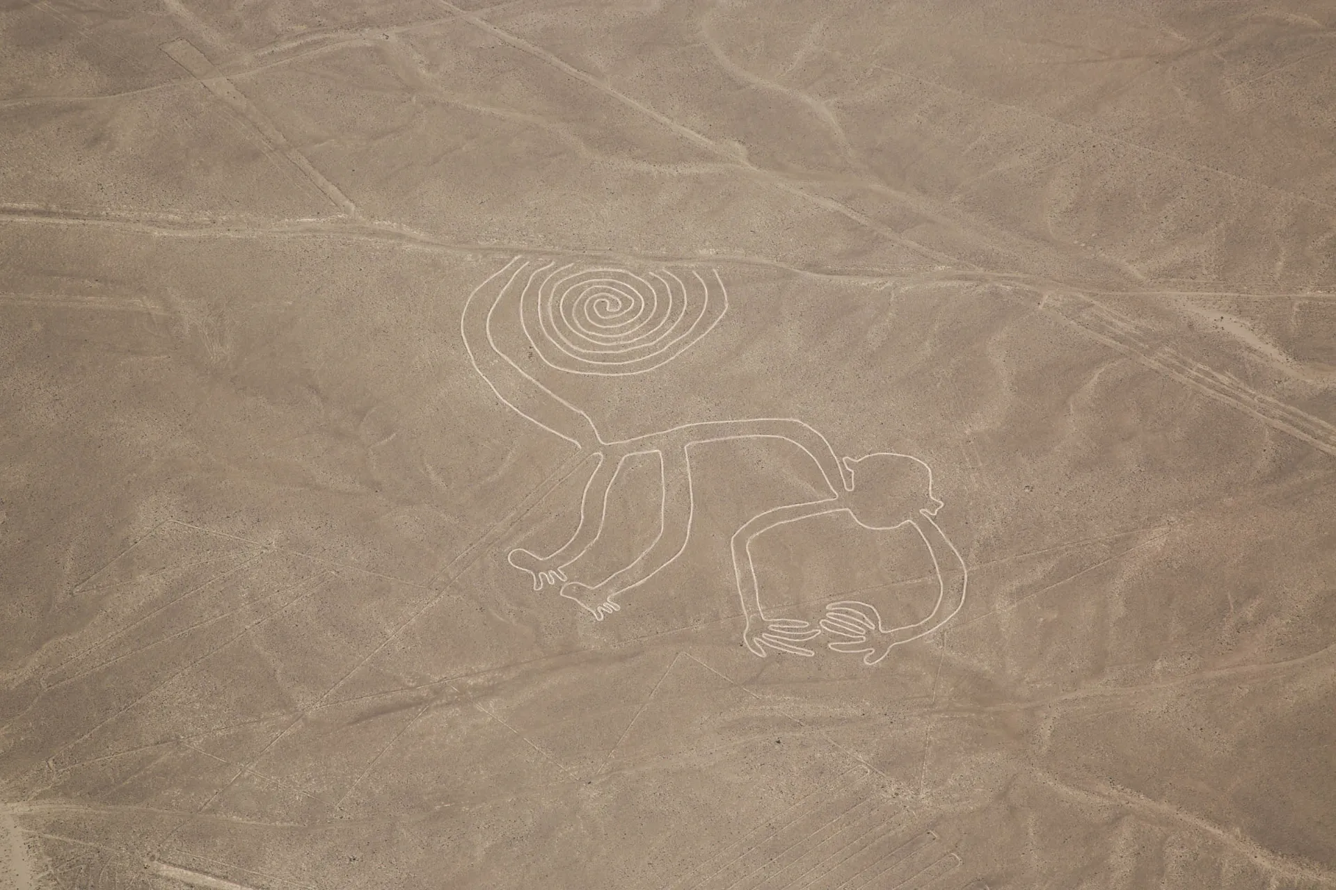 Linie Nazca w południowym Peru to ogromne geoglify, z których najbardziej znana jest małpa. Widoczne tylko z powietrza Linie Nazca w południowym Peru to ogromne geoglify, z których najbardziej znana jest małpa. Widoczne tylko z powietrza